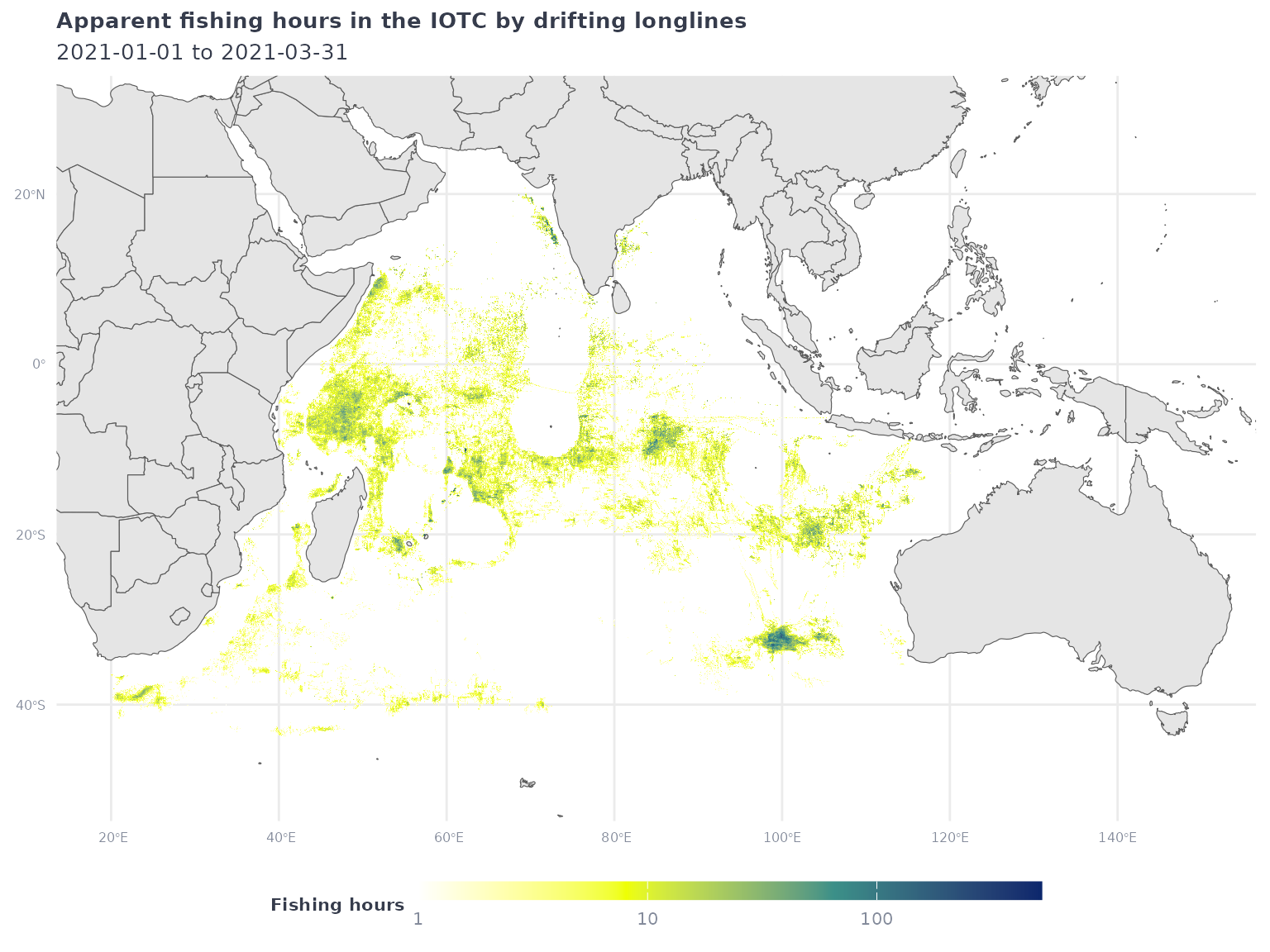 A map of apparent fishing hours in the IOTC RFMO by drifting longlines.