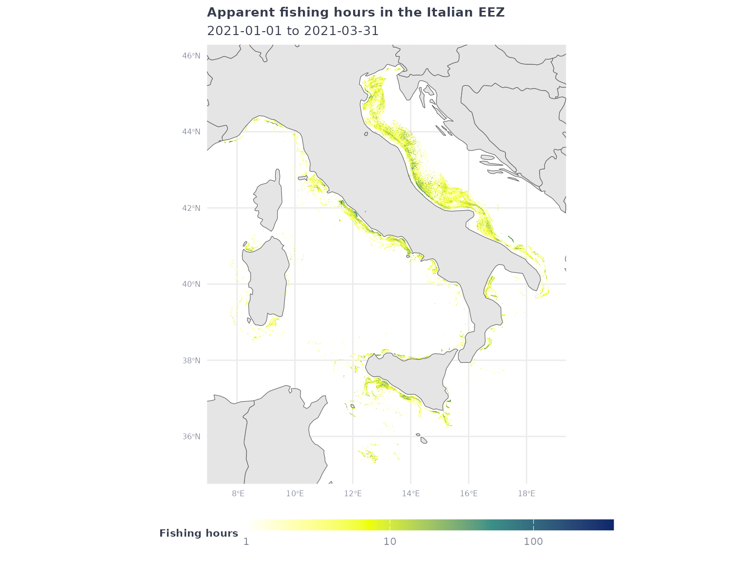 A map of apparent fishing effort in the Italian EEZ. The scale is logarithmic and the fishing effort is concentrated around ports along the Adriatic and the Tyrrhenian Seas and the southern coast of Sicily
