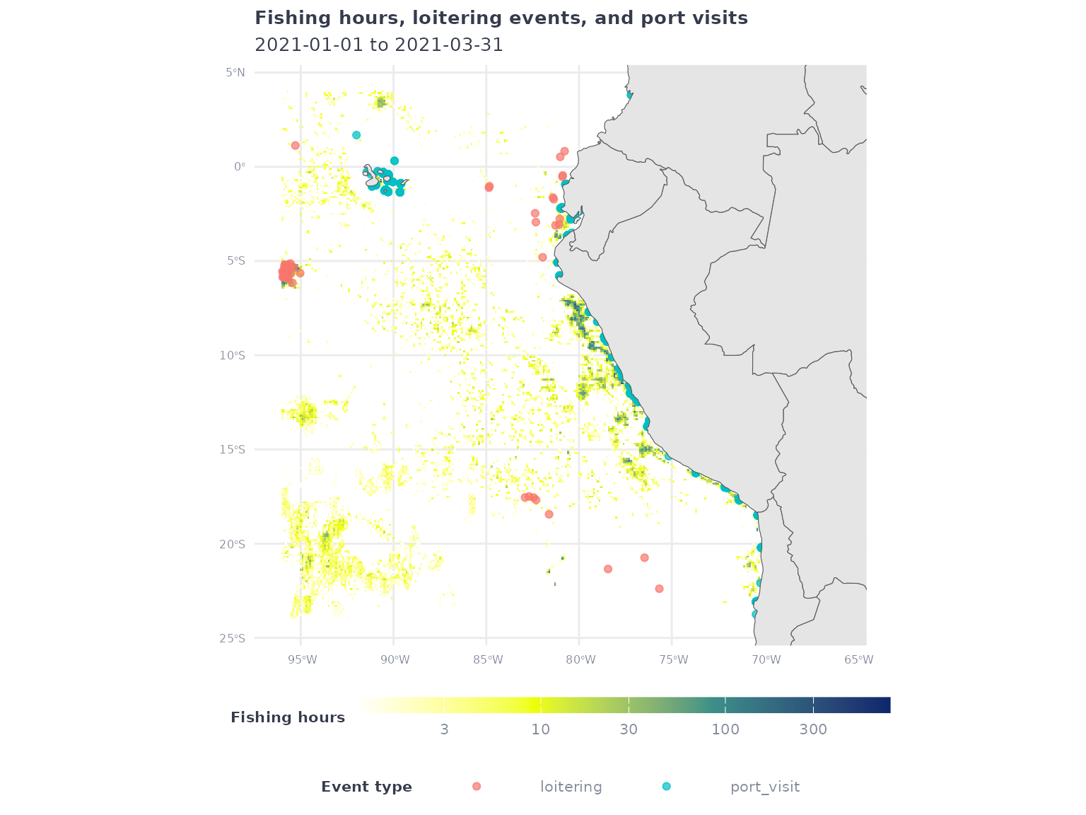 Apparent fishing hours in the area of interest around Ecuador, Peru and the north of Chile, in yellow, red dots indicating loitering events and blue dots indicating port visits.