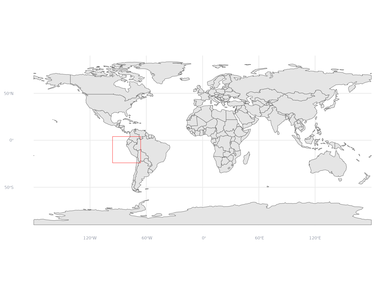 A world map with all countries and a red bounding box in the area surrounding Ecuador, Peru and the north of Chile.