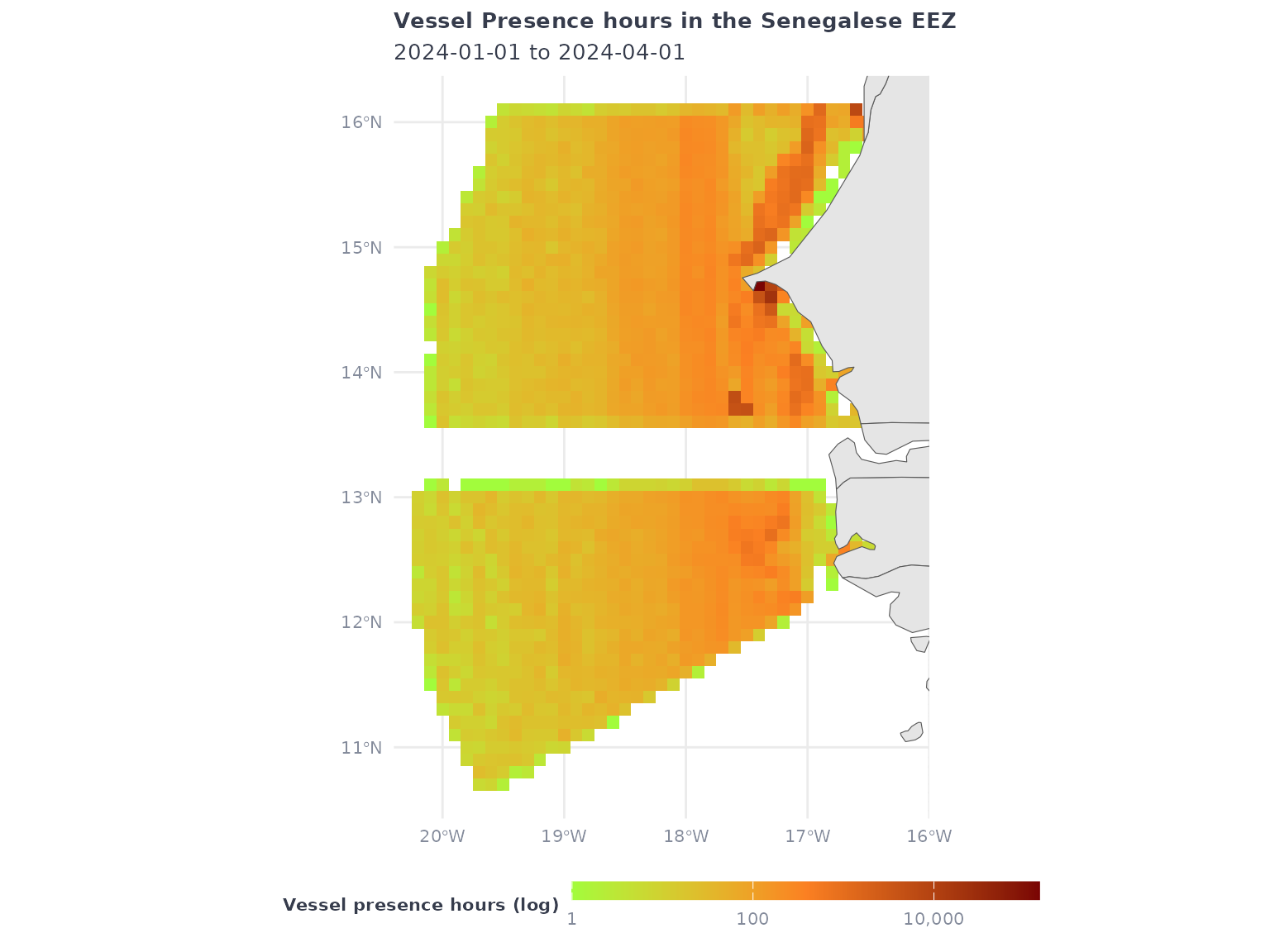 A map of Vessel Presence in the Senegalese EEZ.  The scale is logarithmic