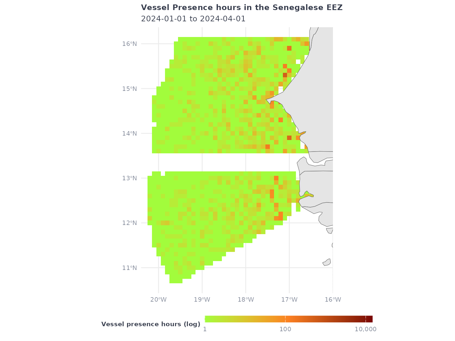 Above, a map Vessel Presence in the Senegalese EEZ. Below, the same map but only for vessels present and transiting at 6-10 knots average speed. The scale is logarithmic