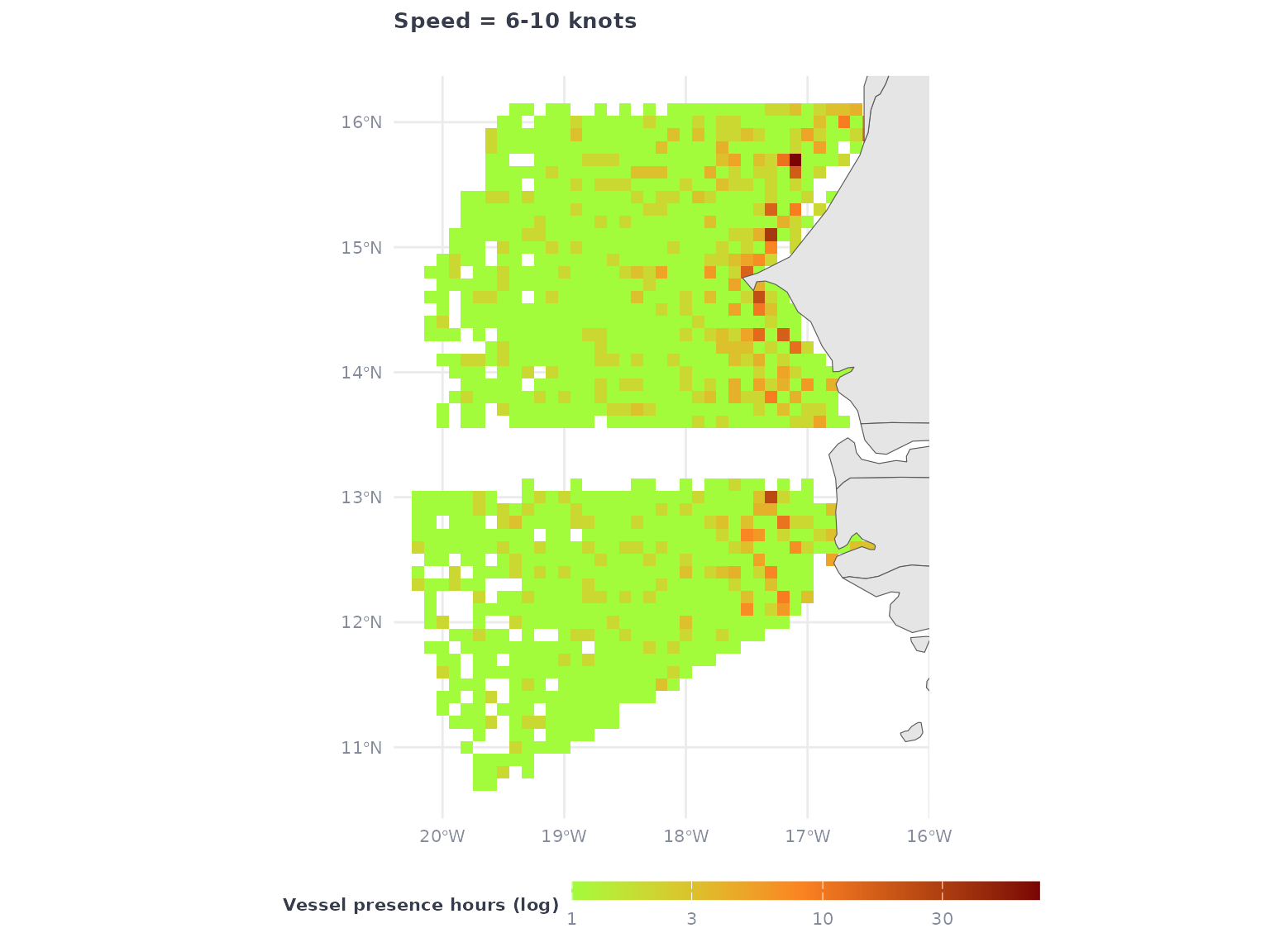Above, a map Vessel Presence in the Senegalese EEZ. Below, the same map but only for vessels present and transiting at 6-10 knots average speed. The scale is logarithmic
